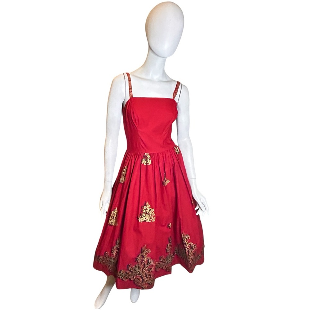 Vintage 50s Red Dress with Metallic Gold Black Print Small